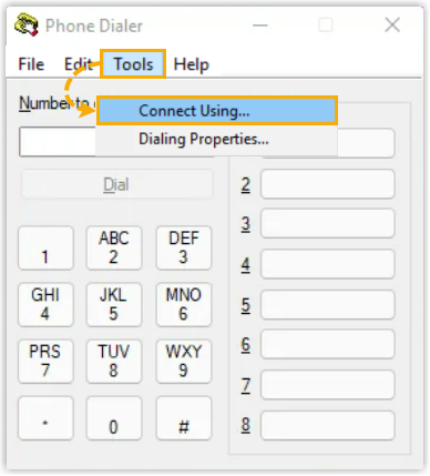 The Connect Using command under the Tools menu in Phone Dialer