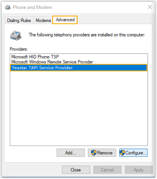 Cloud Voice, the Providers list on the Advanced tab of Phone and Modem