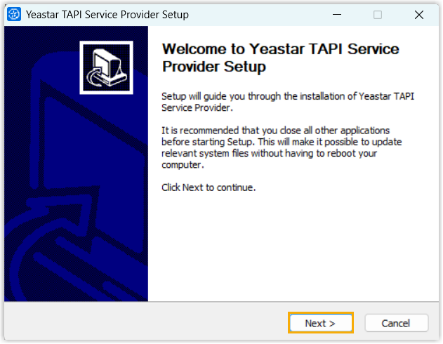 Cloud Voice, the opening screen of the TAPI driver installer