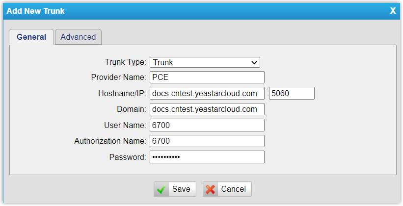 Cloud Voice, TE100 gateway register trunk pointed at the Cloud Voice domain and SIP port