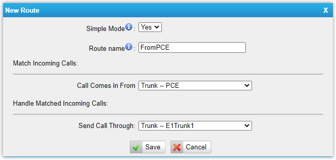 Gateway route sending calls from the Cloud Voice SIP trunk out over the E1 trunk