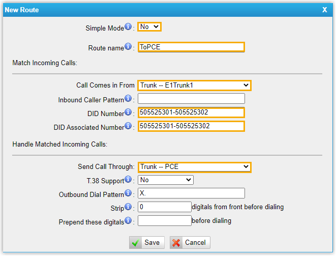 TE100 gateway inbound route matching the DID range and forwarding over the SIP trunk to Cloud Voice