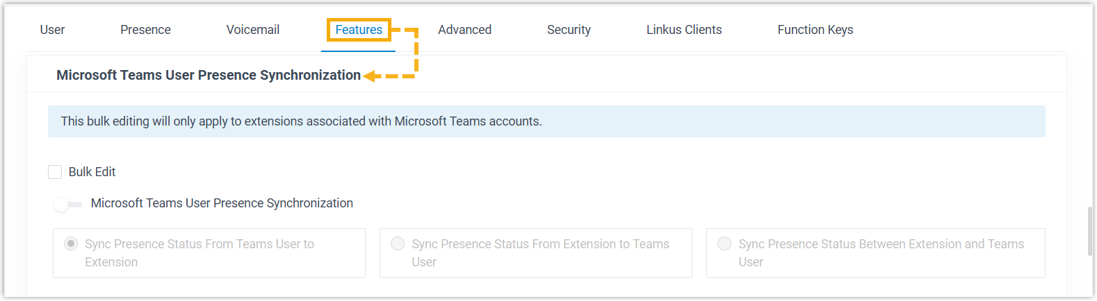 Cloud Voice, the Microsoft Teams User Presence Synchronization section on an extension's Features tab