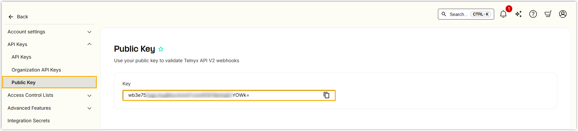 Telnyx portal showing the API key alongside the account public key