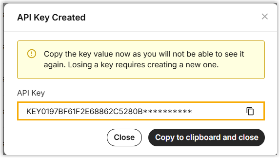 Telnyx one-time display of the generated API key