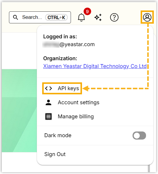 Cloud Voice, the API keys entry in the Telnyx account menu