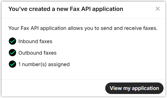 Telnyx confirmation that the fax application was created
