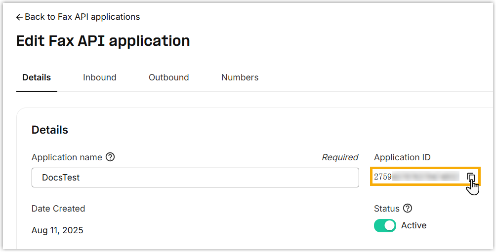 Telnyx application Details tab showing the application ID