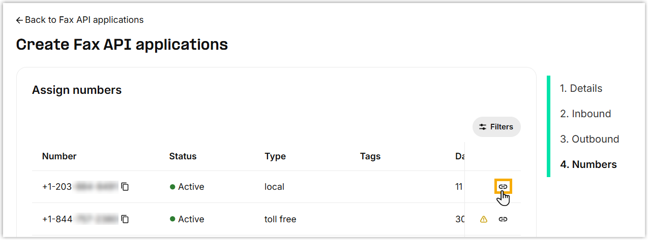 Telnyx step for assigning a number to the fax application
