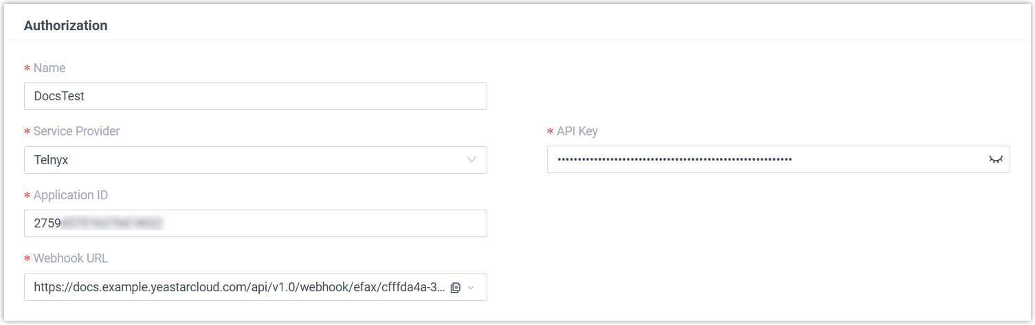 Cloud Voice, the Authorization fields for the Telnyx fax integration