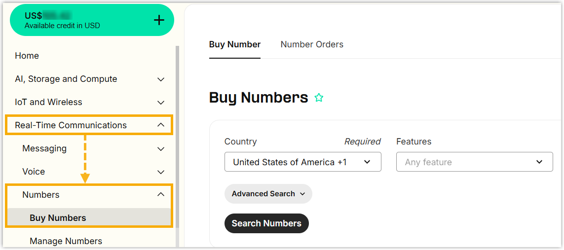 Telnyx Buy Numbers entry in the Numbers menu
