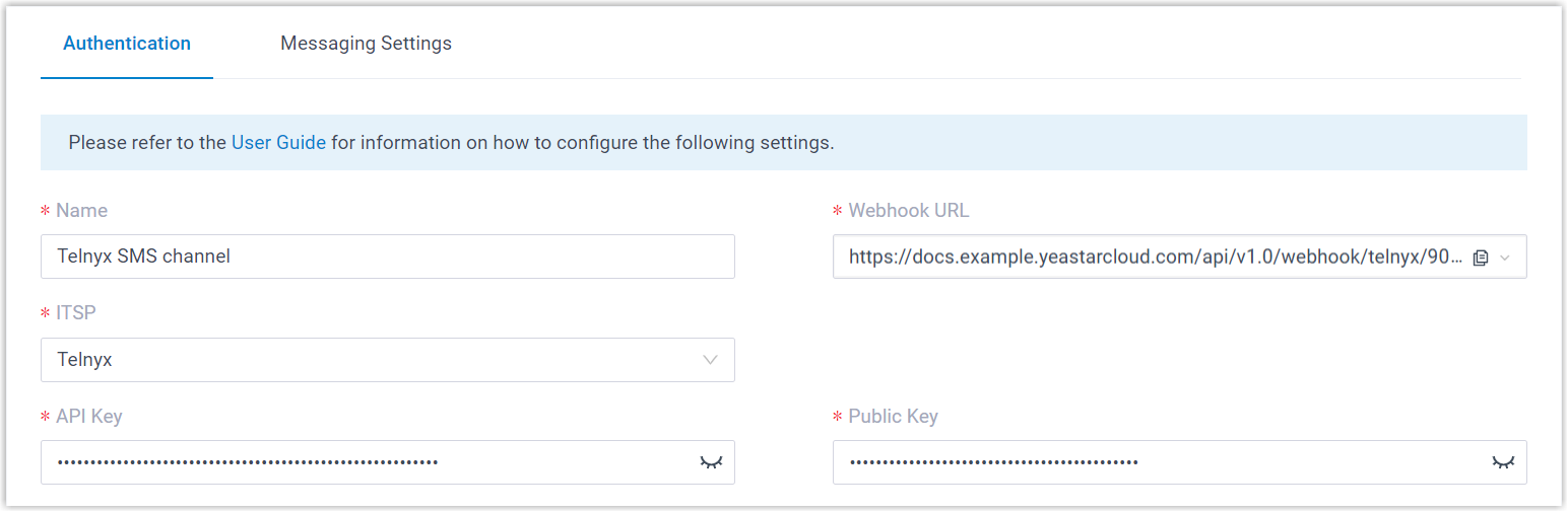 Cloud Voice, Authentication tab where you enter the Telnyx API key and public key for a new SMS channel