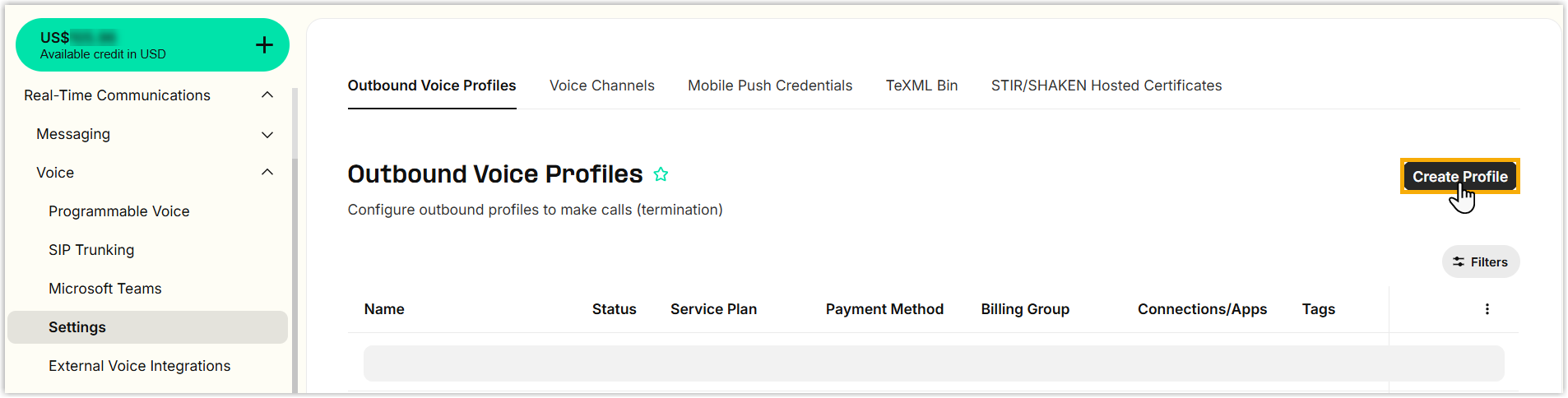 Telnyx Outbound Voice Profiles page with the Create Profile button