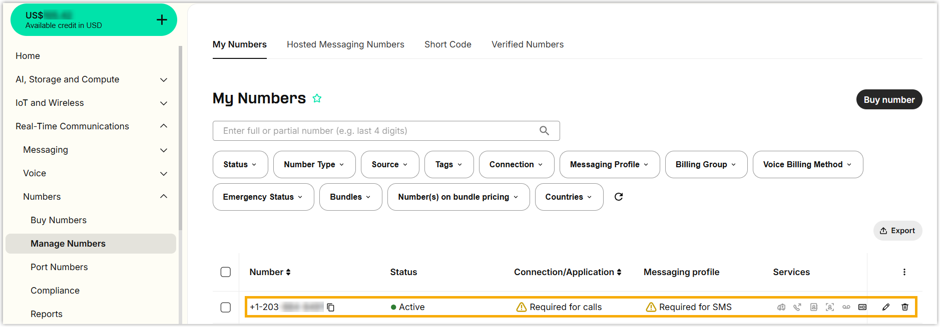 Telnyx Manage Numbers page showing the purchased number