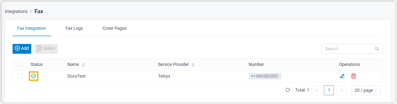 Fax integration list showing the Telnyx entry with a success status