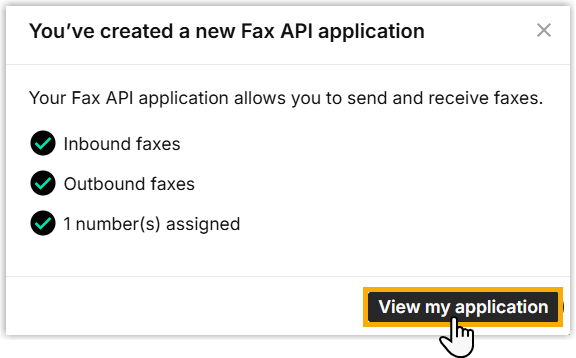 Telnyx confirmation window with the View my application button