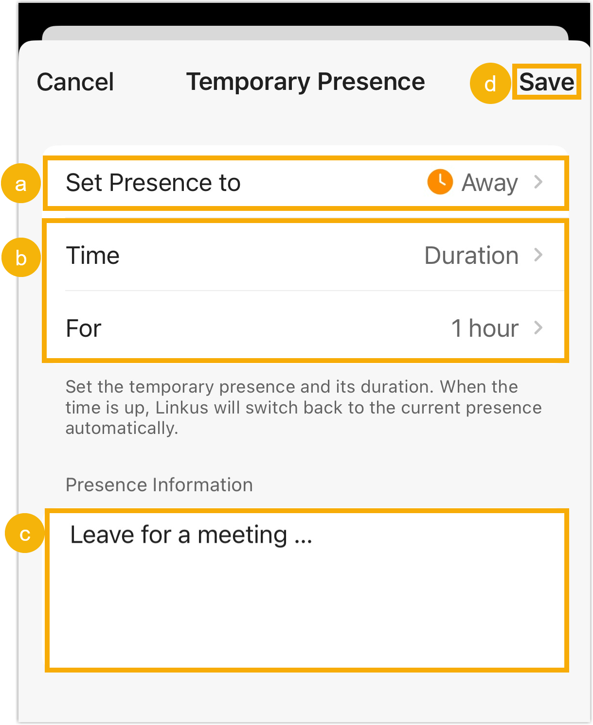 Cloud Voice, the Temporary Presence page with fields for the status, its duration, and an optional note
