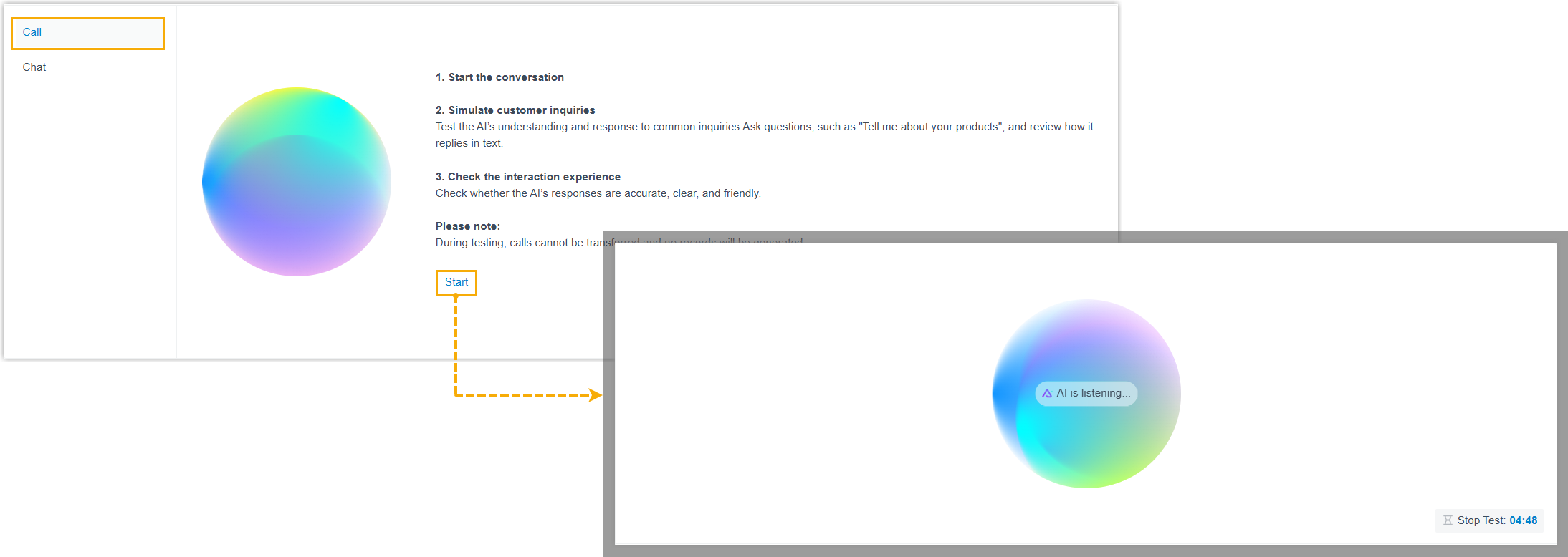 AI receptionist call test panel with a Start button
