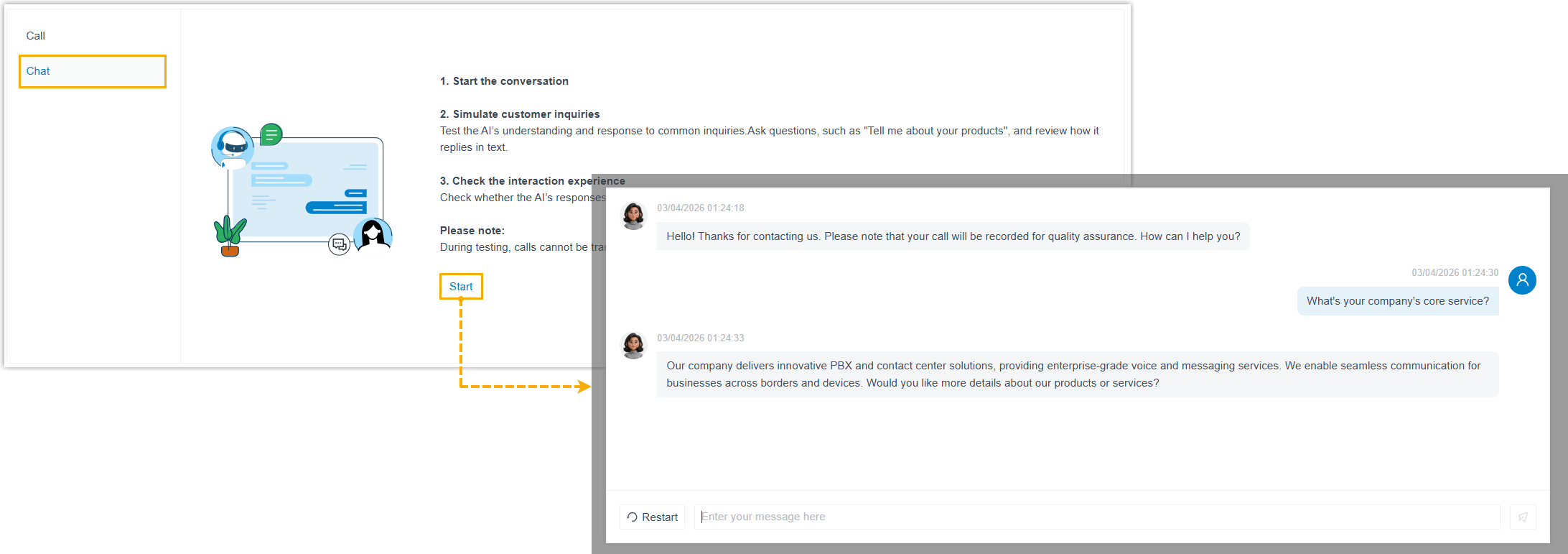 AI receptionist chat test panel with a message box
