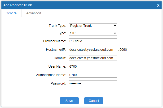 Register trunk dialog on the gateway with the PBX domain and account credentials entered