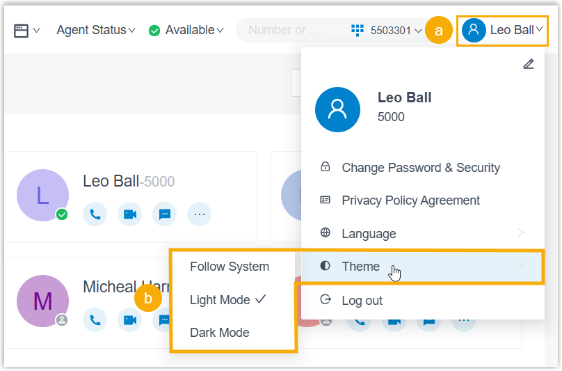 Theme menu showing the Follow System, Light Mode, and Dark Mode options