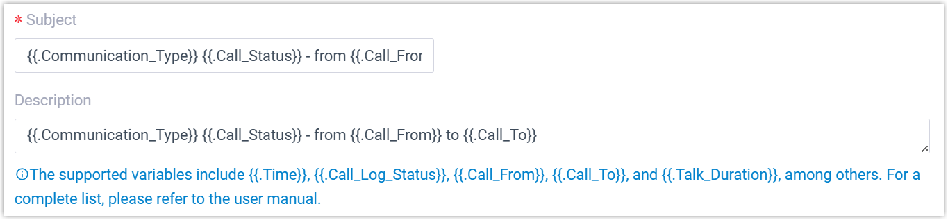 Fields for the subject and description of an automatically created ticket