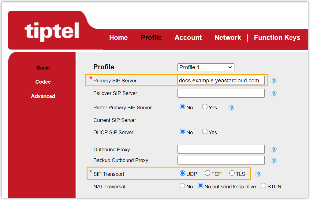 Cloud Voice, Tiptel profile with the SIP server and transport protocol filled in