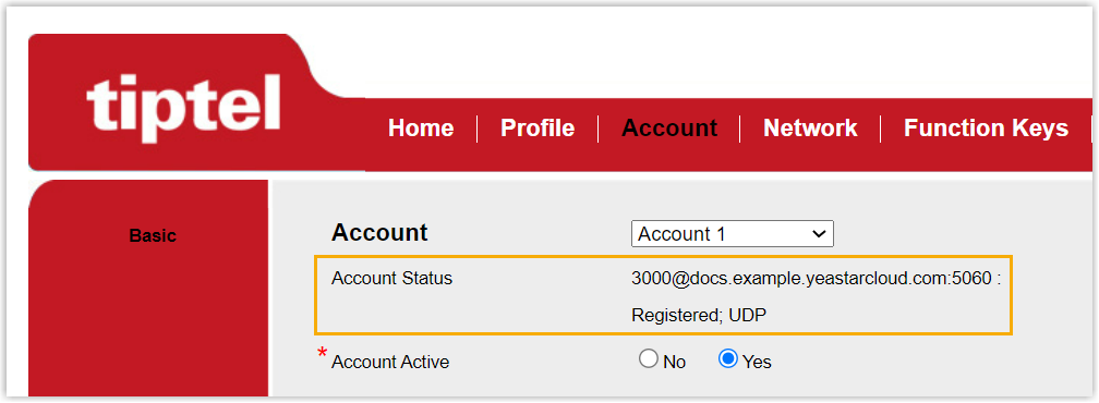 Cloud Voice, Tiptel account status showing the extension registered