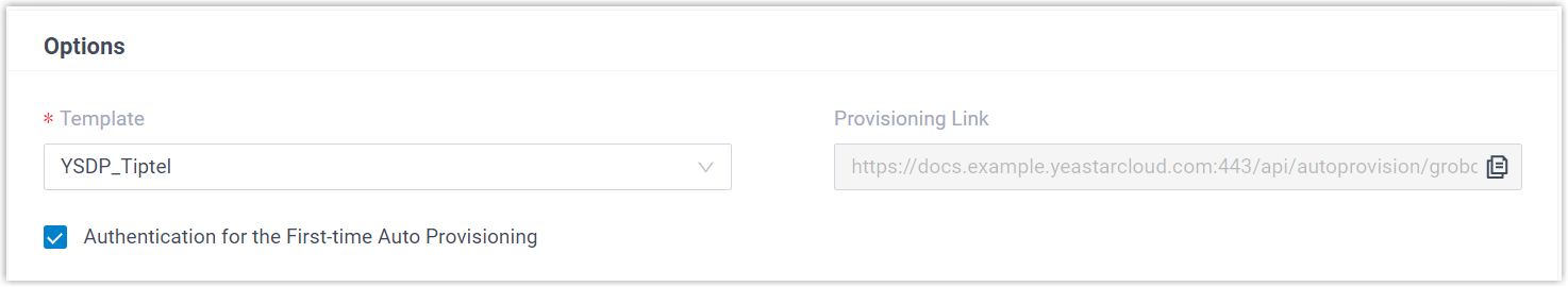 Cloud Voice, provisioning options with the template, provisioning link, and first-time authentication settings