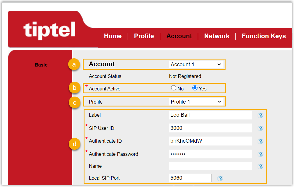 Tiptel account settings with the extension's SIP credentials entered