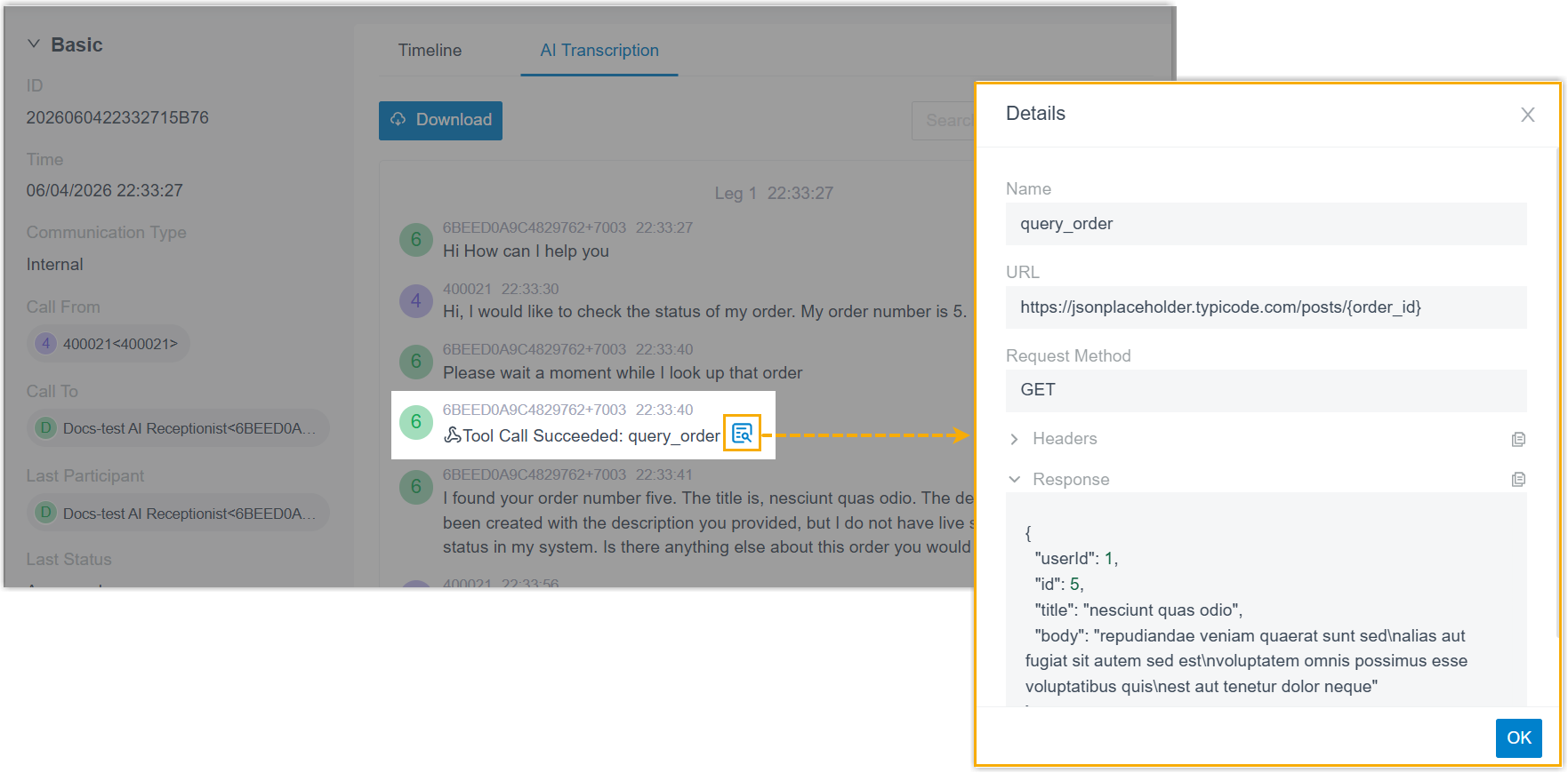 Tool call details recorded in an AI receptionist CDR