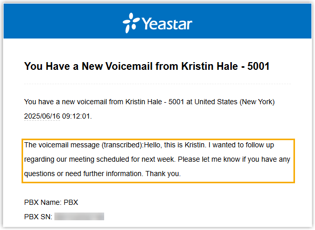 Cloud Voice, email notification showing the transcribed voicemail text in its body