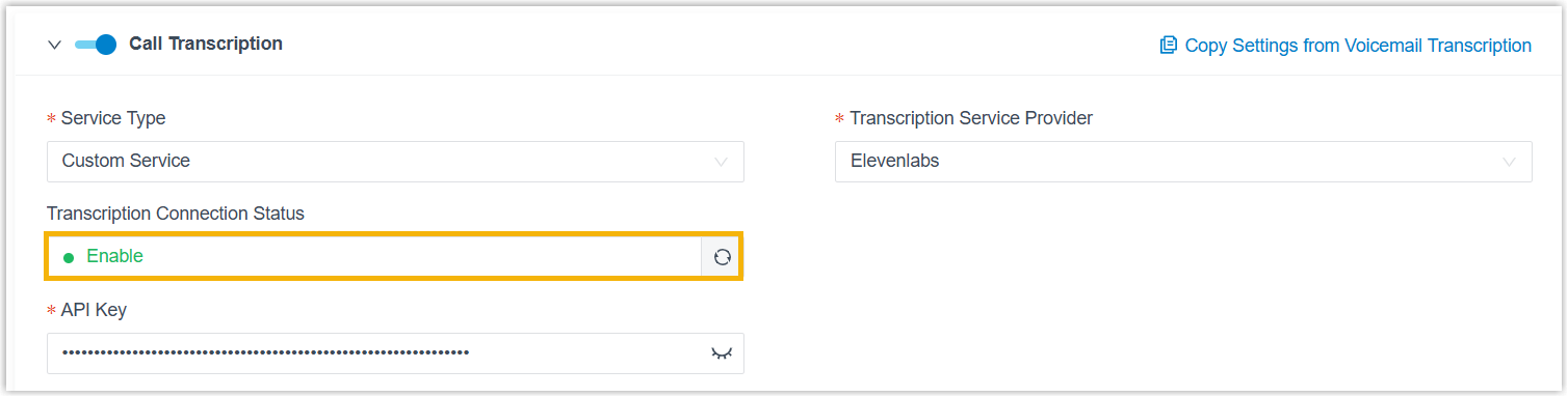 Transcription Connection Status showing Enable for ElevenLabs