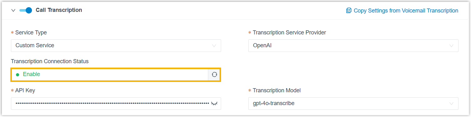 Transcription Connection Status showing Enable