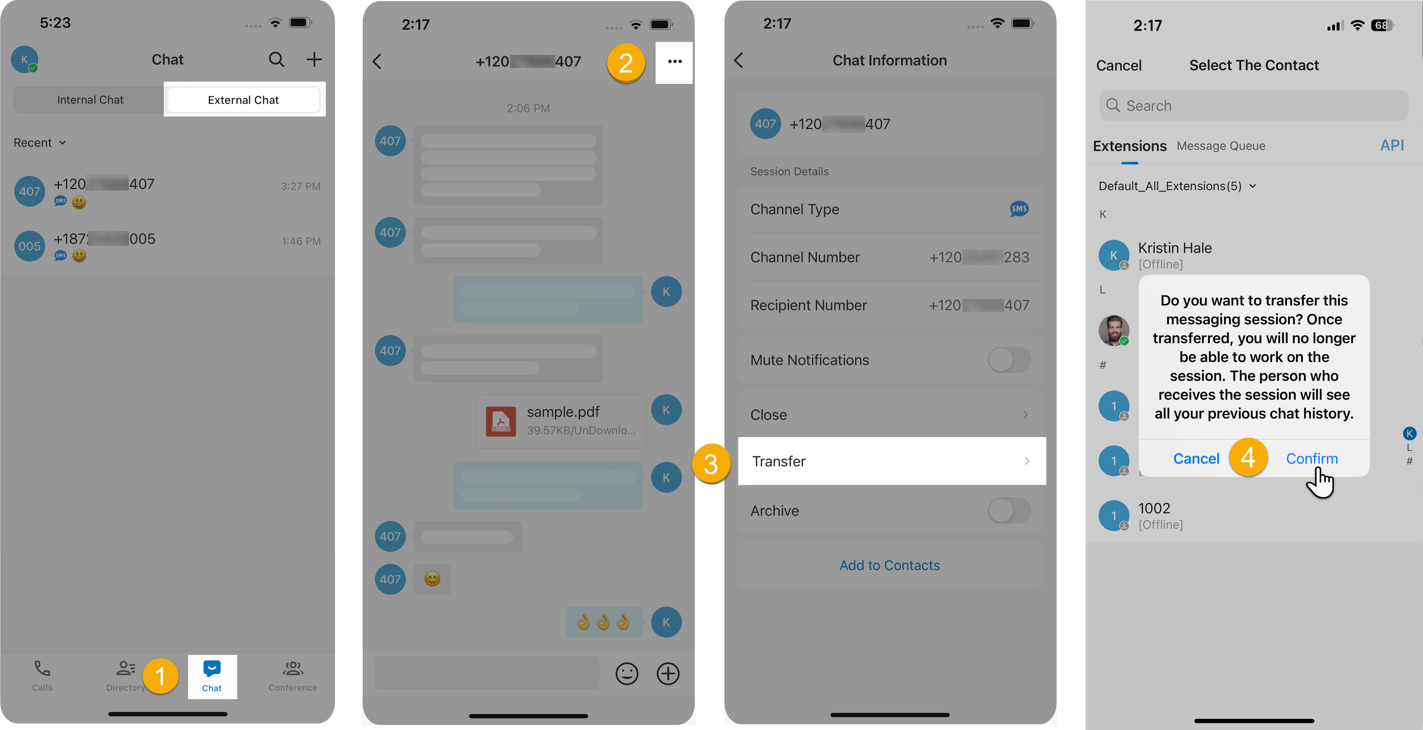 Transferring an active conversation to a colleague from the chat details