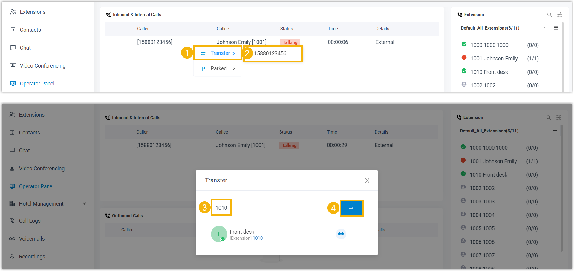 Transferring a connected guest call to another extension