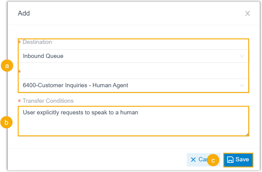 Transfer rule dialog with a destination and a plain-language transfer condition