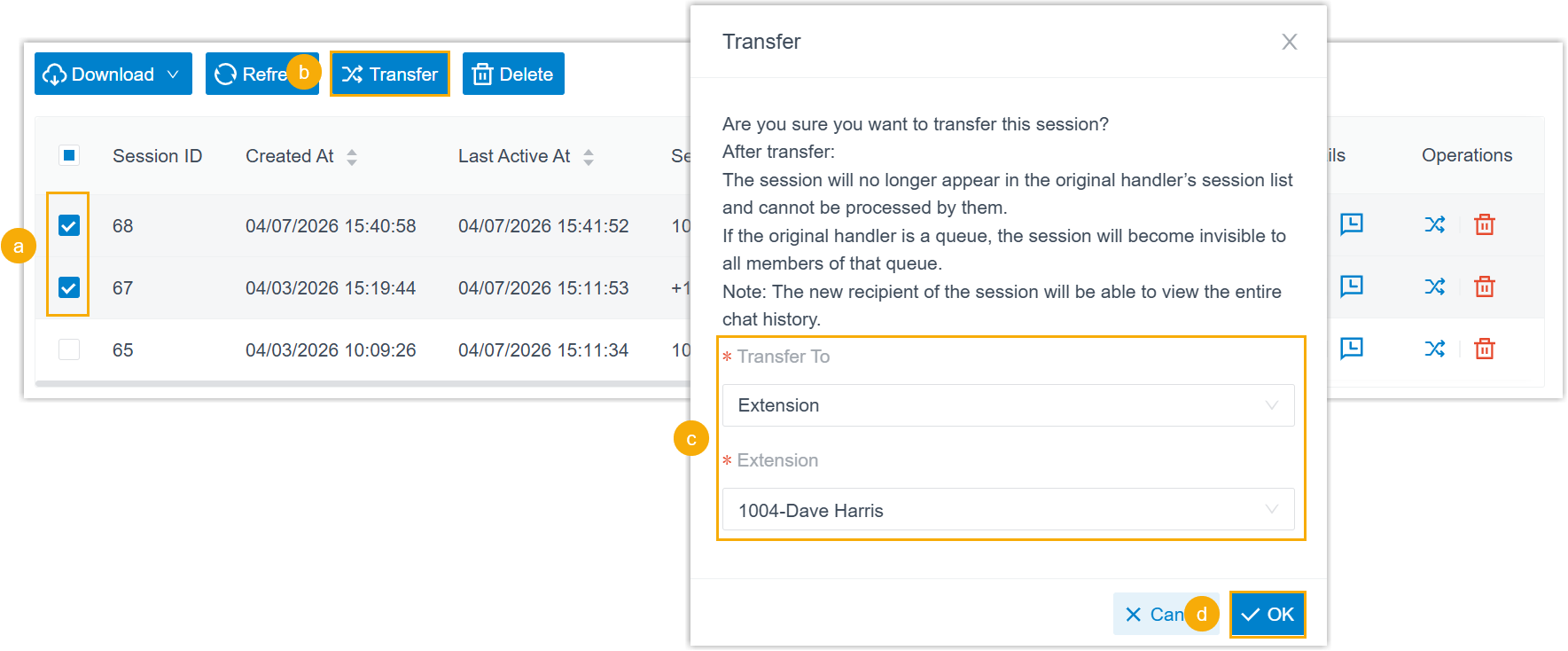 Selecting multiple sessions to transfer together