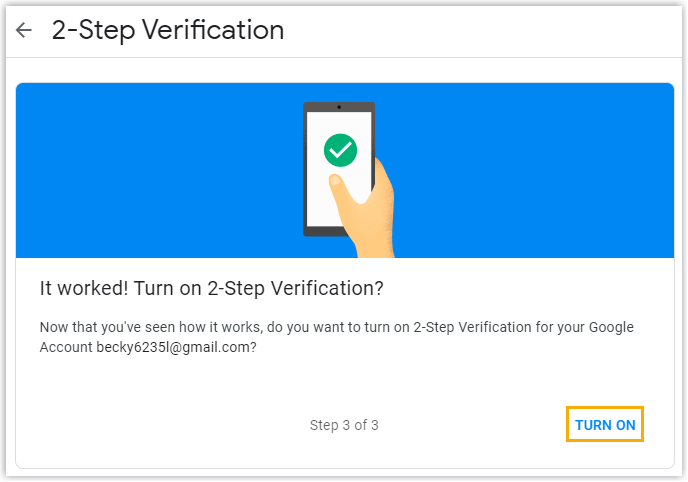 The 2-Step Verification confirmation screen with the option turned on
