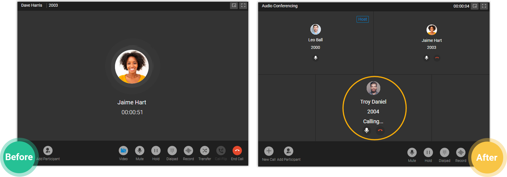 Call screen showing an invitation ringing out as the call becomes a conference