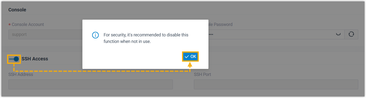 The Console/SSH Access page with the SSH Access toggle enabled