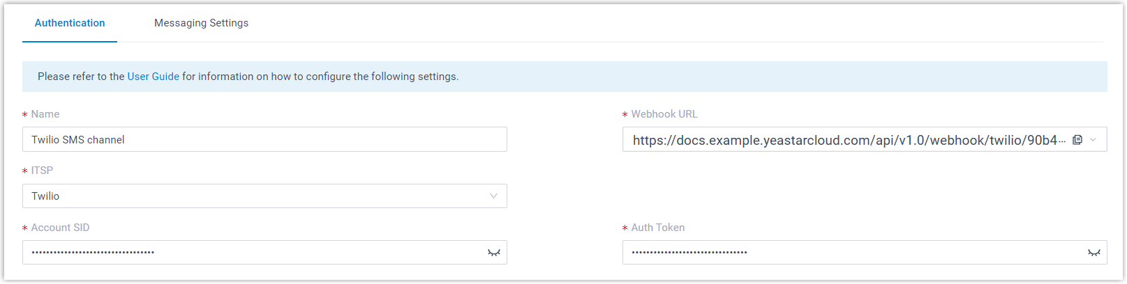 Cloud Voice, the Authentication tab with the Twilio Account SID and Auth Token filled in