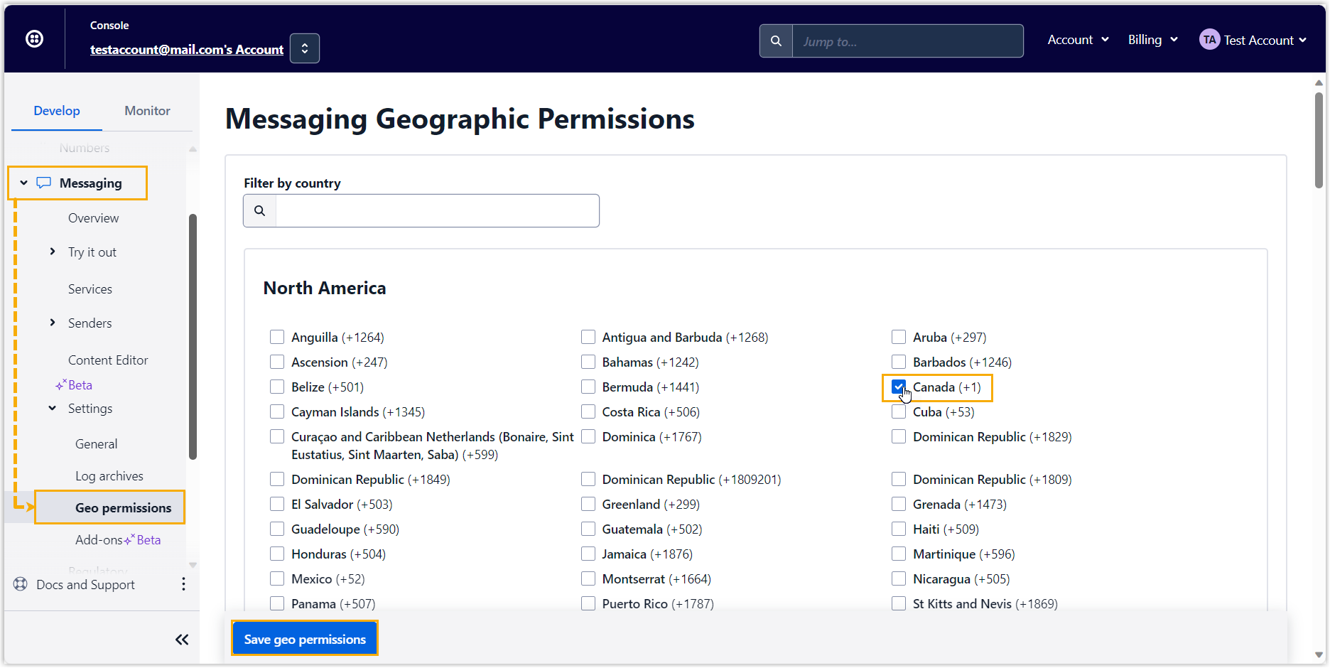 Twilio geographic permissions with the target regions enabled