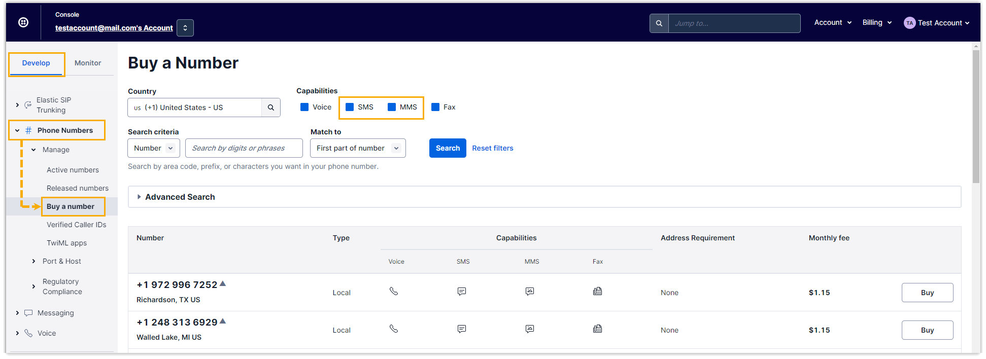 Searching the Twilio console for a phone number with SMS capability