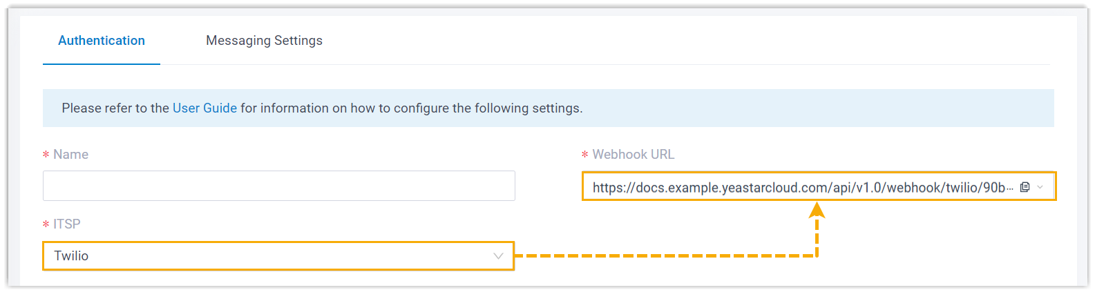 Cloud Voice, the SMS message channel form with Twilio selected and the Webhook URL ready to copy