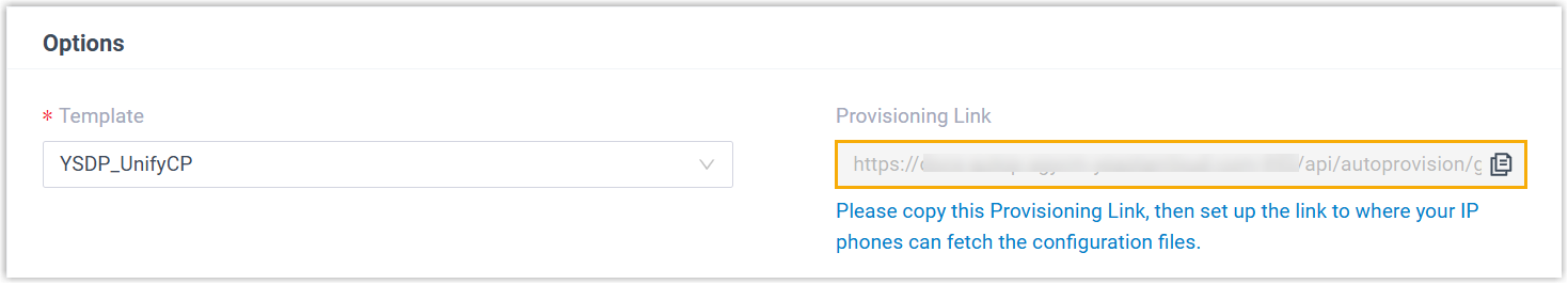 Phone detail page showing the provisioning link to copy