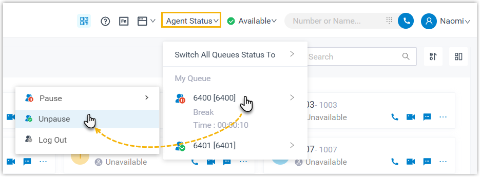 Unpausing a single queue from the Agent Status menu