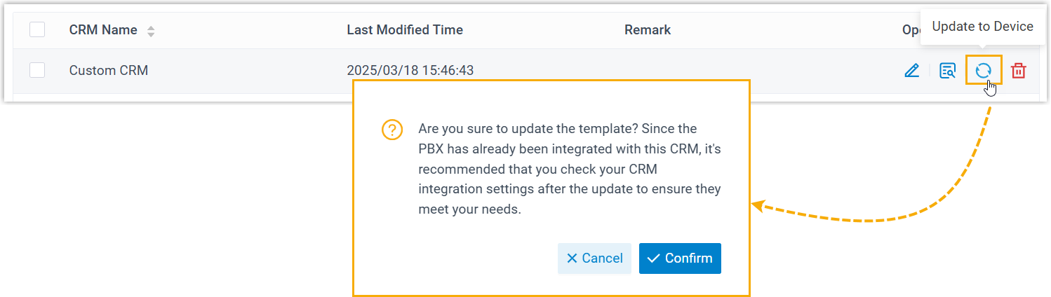 Applying updated custom template settings to an active CRM integration