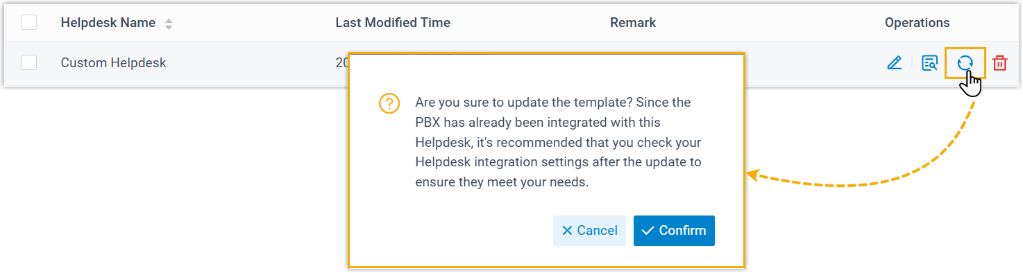 Pushing updated custom template settings to an active helpdesk integration
