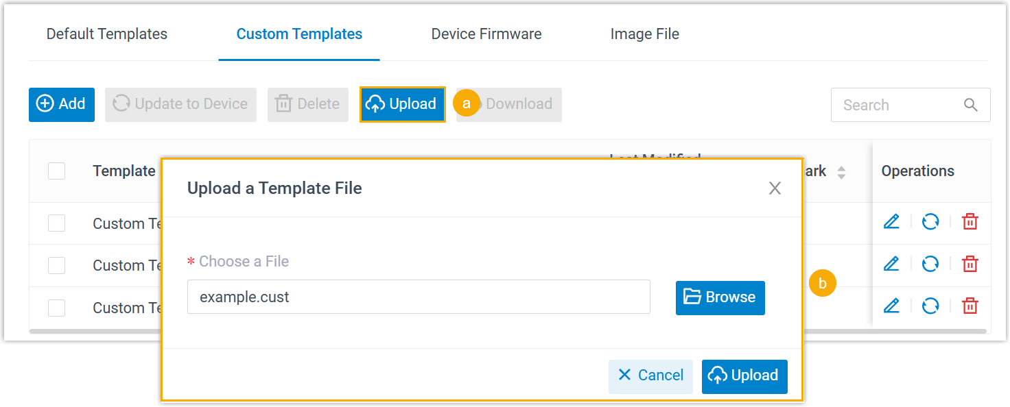 Uploading a saved template file into the Custom Templates list